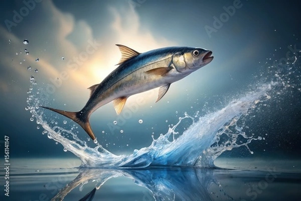 Fototapeta A powerful aquatic creature leaps from the water, creating a dramatic splash of crystalline droplets under a breathtaking sunrise