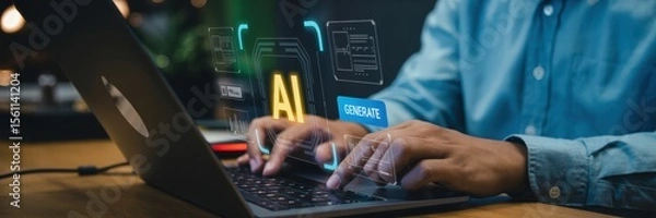 Fototapeta Person using a laptop with holographic artificial intelligence interface.