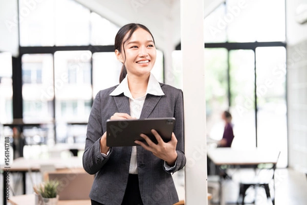 Obraz Portrait of happy businesswoman with touchpad in office looking away outside