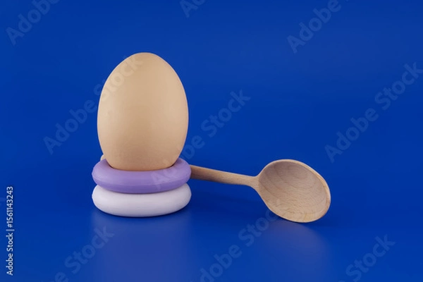 Obraz Egg balanced on stacked soap rings alongside a wooden spoon on a blue backdrop.