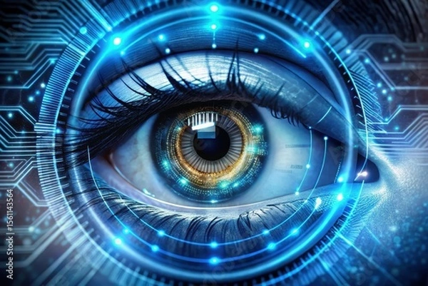 Fototapeta A Close-Up View of a Human Eye Enhanced with Futuristic Technological Elements, Glowing with Digital Circuitry and Illuminated Lines