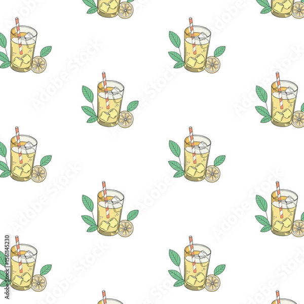Obraz A seamless pattern featuring illustrated glasses of lemonade with lemon slices and mint leaves on a white background. Bright and refreshing design.
