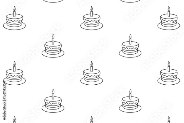 Obraz A seamless pattern of simple line-drawn birthday cakes with candles on white background. The cakes are round with icing and sit on plates.