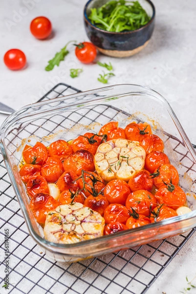 Obraz Cherry tomatoes baked with thyme and garlic clove