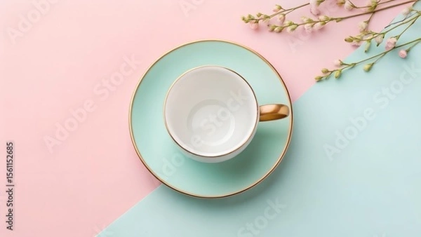 Obraz Empty white teacup with gold accents on mint green saucer, surrounded by soft pink flowers, set against a pastel pink and blue background, creating a serene atmosphere