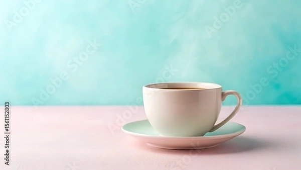 Obraz Ceramic coffee cup filled with steaming beverage on pink surface, against a soft blue backdrop, creating a serene and inviting coffee moment