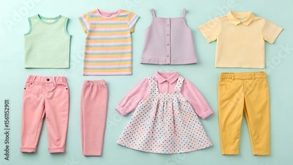 Obraz Colorful assortment of children's clothing including tops, pants, and a dress, arranged neatly on a pastel background, showcasing vibrant patterns and textures for fashion inspiration