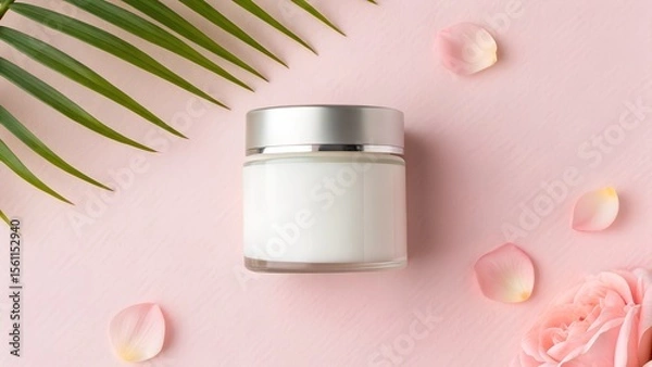 Obraz Cosmetic cream jar on pink surface, accented with rose petals and palm leaves, creating a fresh and elegant atmosphere for beauty and skincare marketing