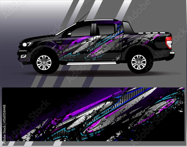Fototapeta Car wrap design vector. Graphic abstract stripe racing background designs for vehicle, rally, race, adventure and car racing livery
