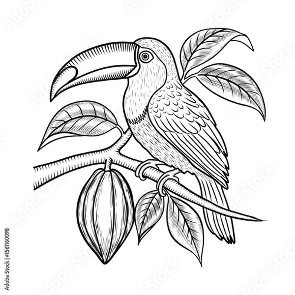 Obraz Toucan sitting on a branch with cocoa fruits vector illustration in sketch style. Hand drawn black and white drawing of exotic bird and plant for making chocolate. Retro engraving and line art for coc