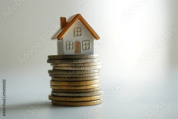 Fototapeta A miniature house rests atop a stack of gold and silver coins, symbolizing real estate investment and financial growth.