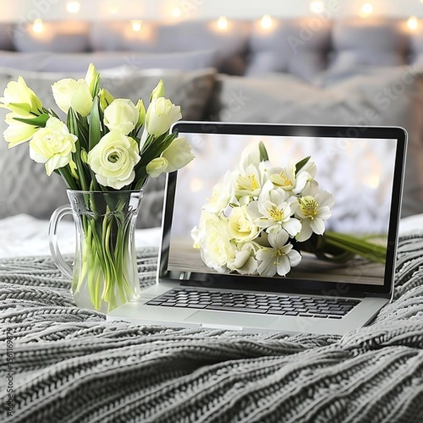 Obraz Floral still life featuring delicate white blooms displayed alongside a modern laptop scene