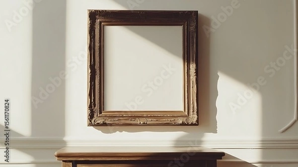 Fototapeta Ornate picture frame hanging on a white wall with sunlight and a wooden cabinet below it in a room