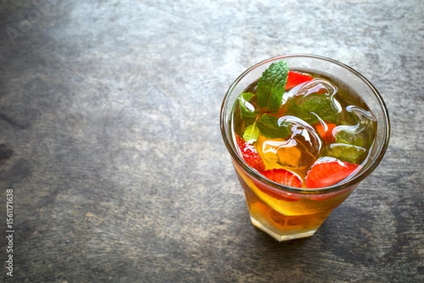 Fototapeta A glass of strawberry smoothie ice garnished with fresh mint and sliced strawberries