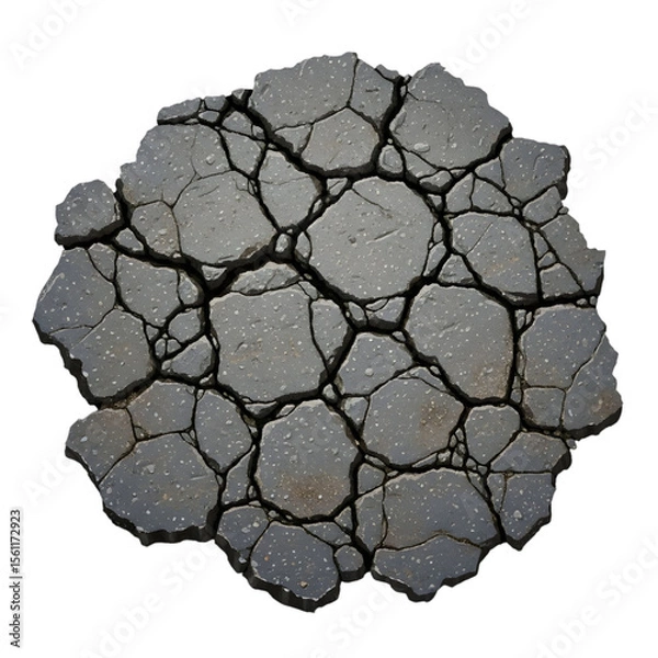 Obraz Top-down cracked asphalt surface with broken segments, ideal for road or earthquake effects – PNG Transparent Background.