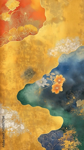 Fototapeta 幻想的な和の世界に咲き誇る花々、日本の伝統美を現代的に昇華させた、格式と華やかさを併せ持つアートワーク