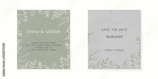 Fototapeta Luxury botanical wedding invitation card template set Minimal style card with leaf branches Elegant garden vector design suitable for banner, cover, invitation Mint green background Save the date