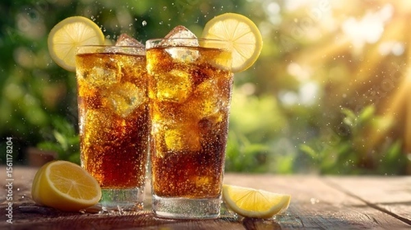 Fototapeta Refreshing Iced Tea or Cola with Lemon Slices in Sunny Outdoor Setting. summer refreshment. 