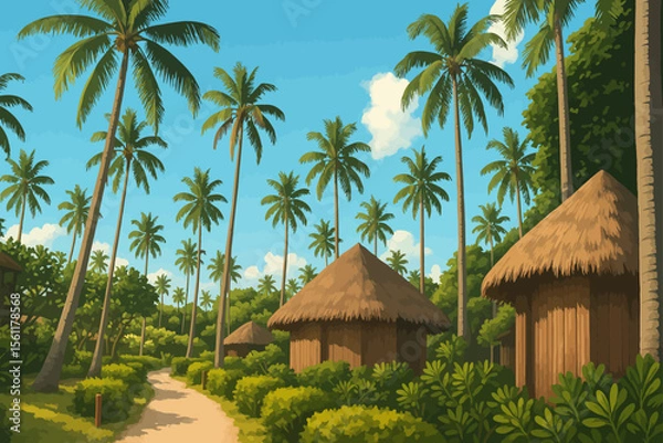 Fototapeta This is a vibrant digital illustration of a tropical village scene. The image features several small thatched-roof huts surrounded by lush green vegetation and towering coconut palm trees under a brig