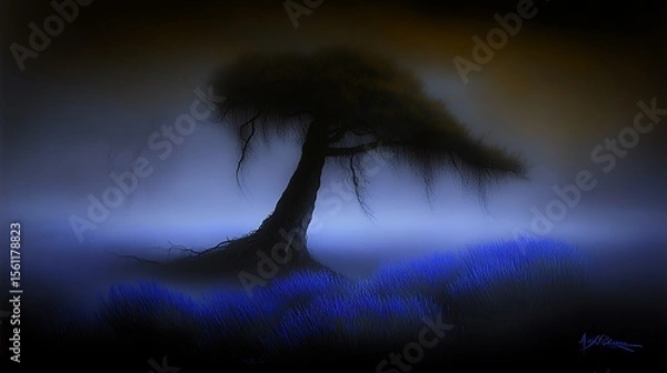 Obraz Mystical Willow Tree Silhouette in a Dreamy Blue Landscape with Artistic Hues