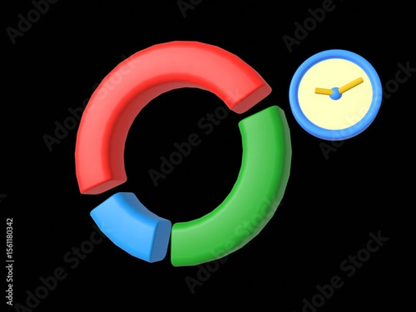 Fototapeta Pie diagram 3d icon with timer icon. Isolated object on a transparent background