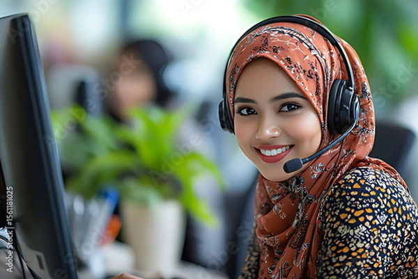 Fototapeta cheerful customer service representative hijab wearing headset providing assistance
