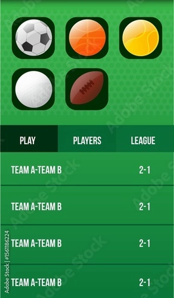 Obraz Displaying sports app interface with green-dot background, five rounded ball icons, nav bar, scores