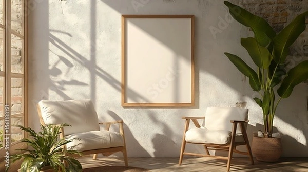 Fototapeta Interior scene with two chairs, a blank frame, and plants bathed in sunlight near a window