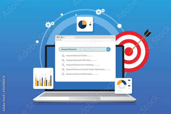 Obraz Keyword Research and SEO optimization concept. Selection popular search terms with search engine suggestion tips.