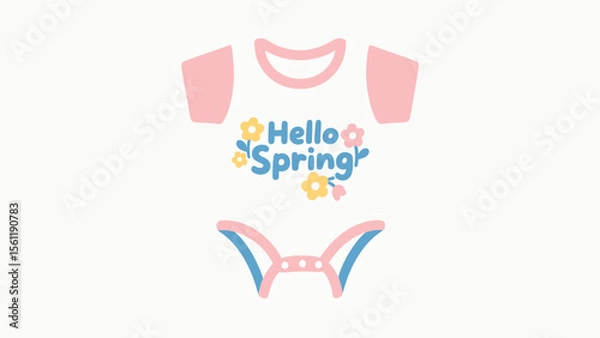 Fototapeta Vector art of a charming baby onesie with a hello spring design and pastel flowers, isolated on white background