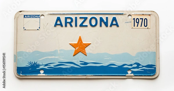 Fototapeta Vintage Arizona license plate from 1970, featuring bold blue numbers "Text Space", an orange star, desert landscape, and stickers, against a cream background