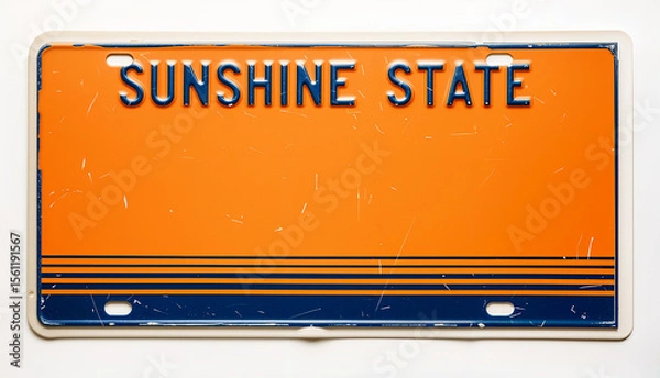 Fototapeta Vintage Florida license plate with an orange background and blue lettering. It reads "Sunshine State" evoking a retro feel