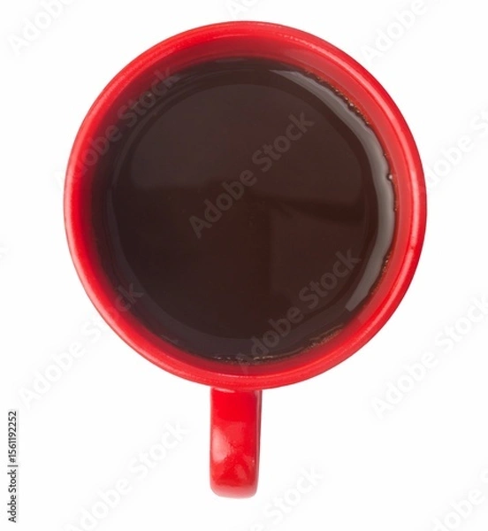 Fototapeta Red ceramic mug is resting in flat design on smooth white surface holding black coffee