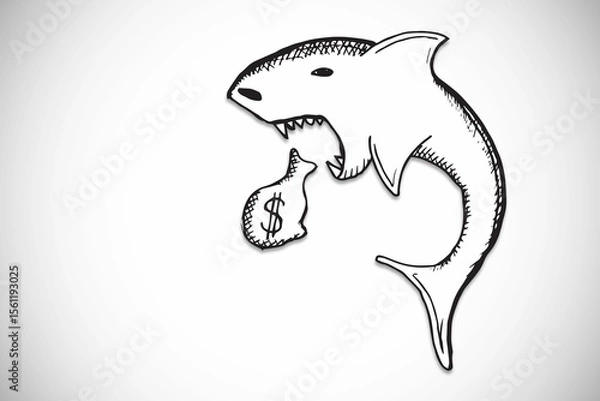 Fototapeta Monochrome hand-drawn shark is biting money bag with dollar sign on smooth gradient background