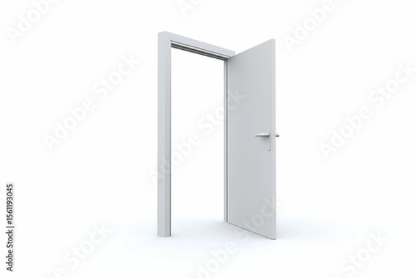 Obraz Minimal flat design open white door is standing in seamless white backdrop with silver handle