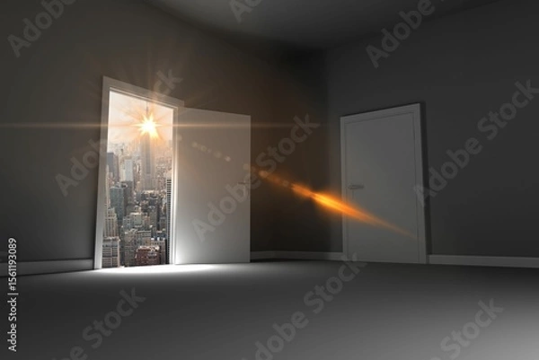 Obraz Open door on hill with cityscape and orange sunlight