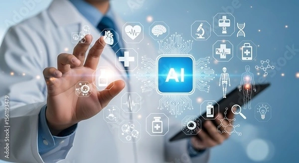 Fototapeta Doctor using advanced artificial intelligence technology for futuristic healthcare diagnostics and patient care management