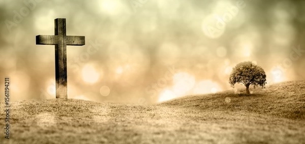 Fototapeta Flat design wooden cross and tree are standing on grassy hill under warm golden bokeh light