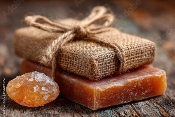 Fototapeta Natural Soap Bar Gift Wrapped in Burlap Tying for Rustic Presentation