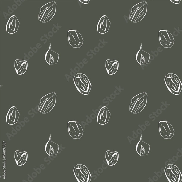 Fototapeta Hand drawn nutmeg spice seamless pattern in white lines on dark background for gourmet packaging and organic product design
