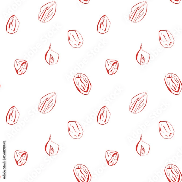 Fototapeta Seamless pattern with hand drawn nutmeg whole and cut spice sketch in red on white background for kitchen or food packaging design
