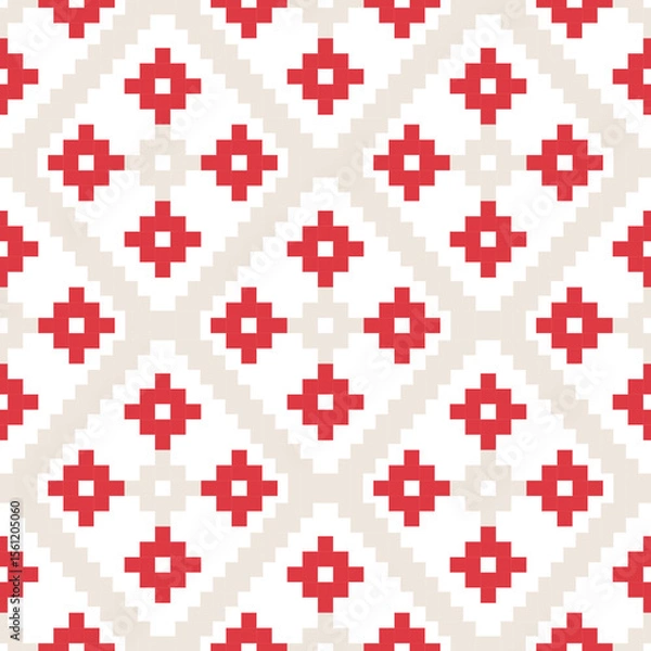 Fototapeta Geometric pixel seamless pattern with red and beige cream kilim design. Cross stitch embroidery style. 