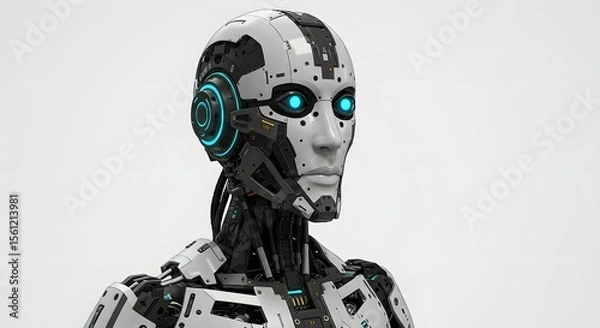 Fototapeta A detailed 3D rendering of a futuristic android's head with glowing blue eyes. This robotic character represents advanced artificial intelligence and future tech.