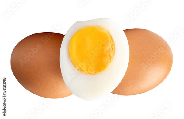 Fototapeta Top view of raw chicken eggs and peeled cooked or boiled egg with egg yolk in half isolated on white background with clipping path