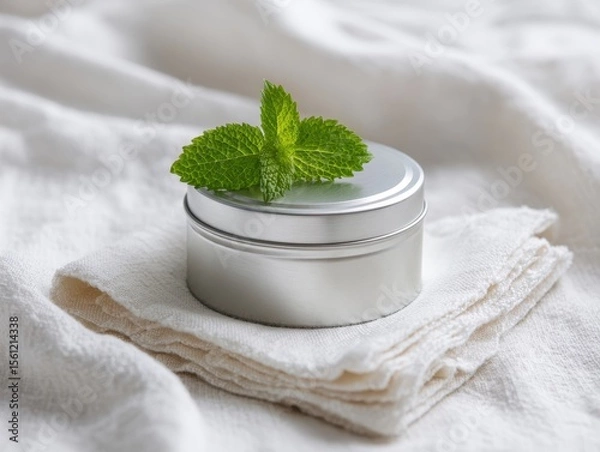 Fototapeta Natural Deodorant in Silver Tin on Soft Linen Surface with Mint Leaf