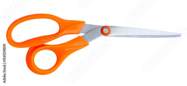 Fototapeta Medium multipurpose scissors with orange handle in vertical isolated on white background with clipping path