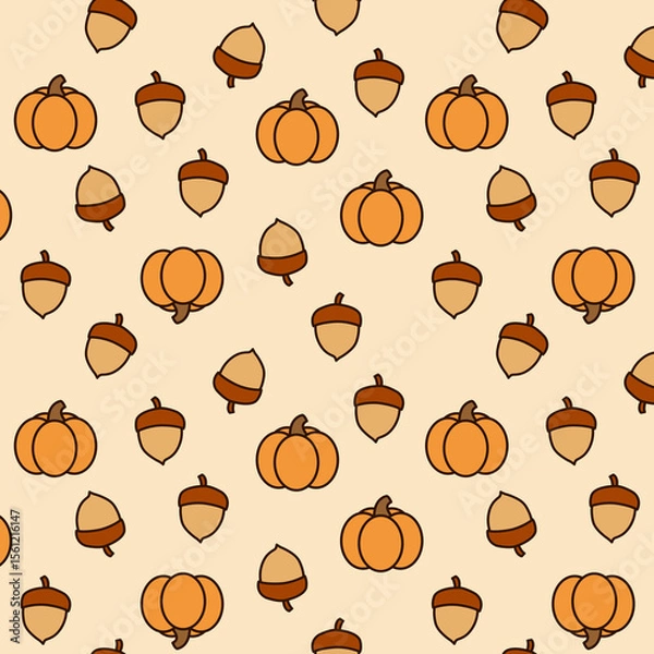 Fototapeta Hand drawn seamless pattern of pumpkins and acorns with warm fall colors. Perfect for harvest season decor, fabric and wrapping paper. 
