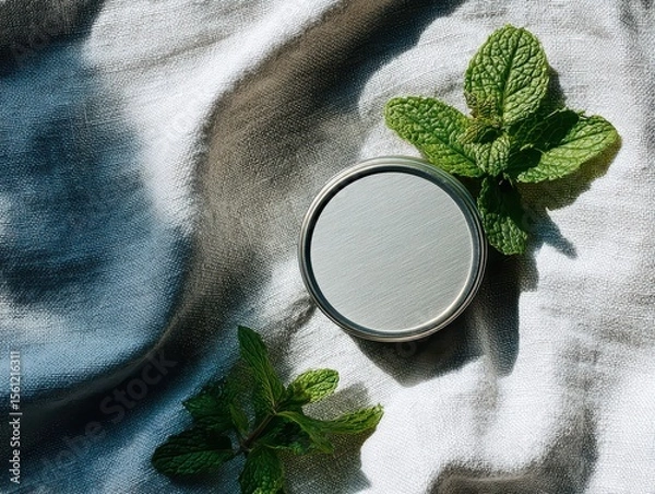 Fototapeta Natural Deodorant in Silver Tin on Soft Linen Background with Mint