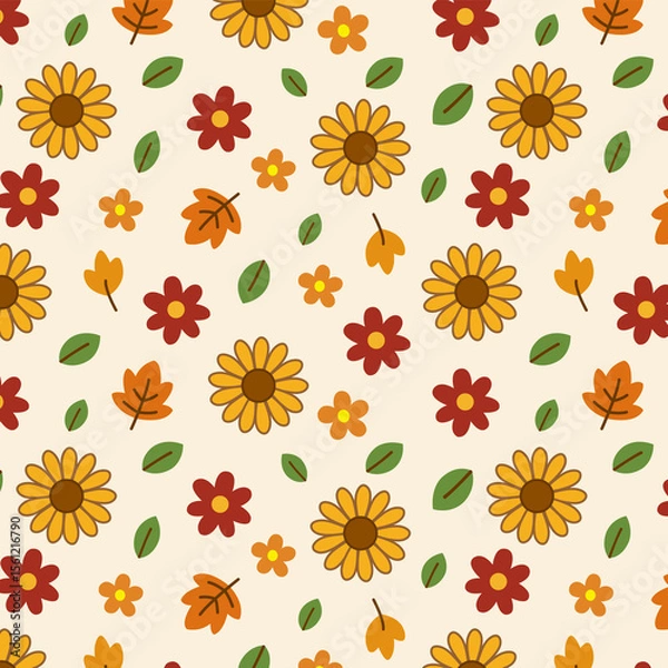 Fototapeta Cute seamless floral pattern with chrysanthemum, cosmos, fall leaves and berries. Perfect for seasonal textile, wrapping paper and background.