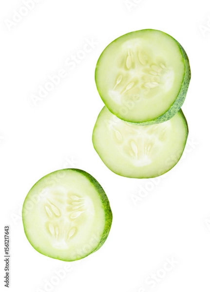 Fototapeta Top view set of fresh green cucumber slices in circle shape in stack isolated on white background with clipping path